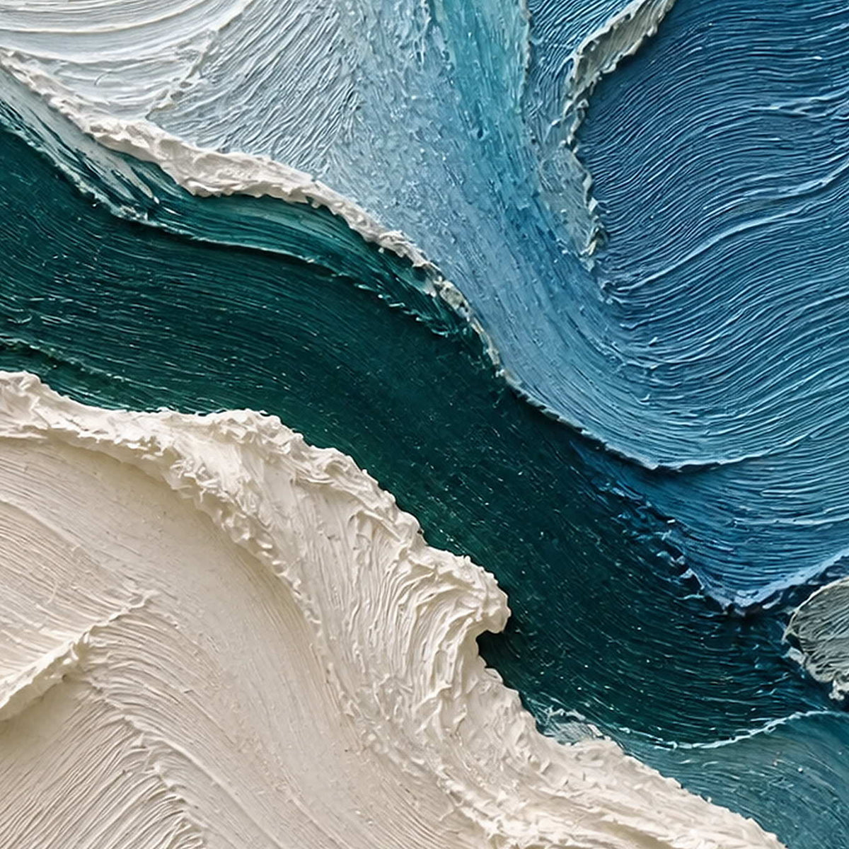 Close-up of sweeping teal, blue, aqua, and ivory palette-knife texture.