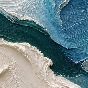 Close-up of sweeping teal, blue, aqua, and ivory palette-knife texture.