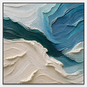 Hand-painted square coastal canvas with deep teal water and ivory shores.