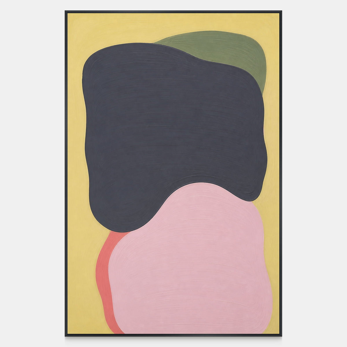 Hand-painted vertical abstract canvas with charcoal, blush, olive, coral, and yellow forms.