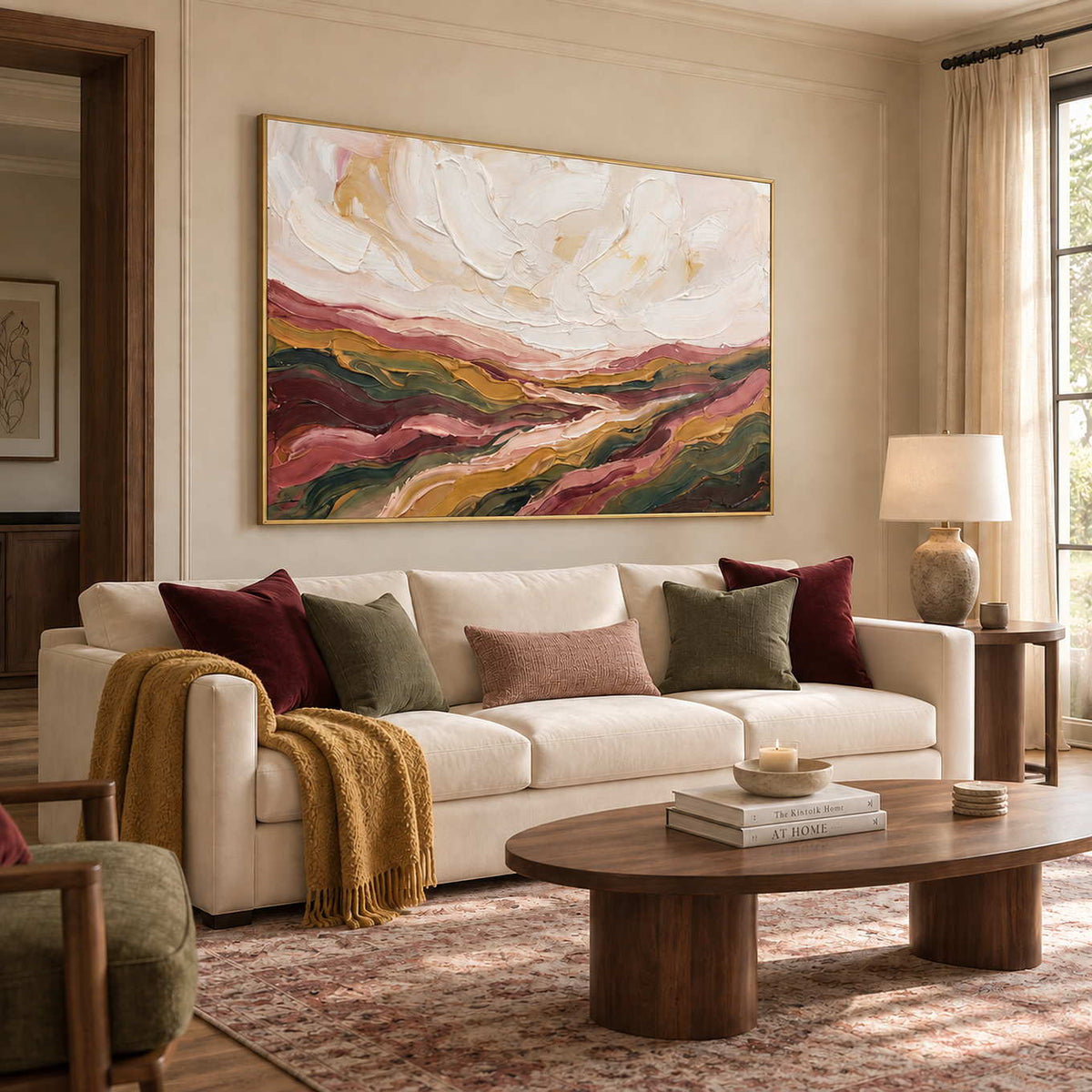 Dreaming of the Hills in a gold frame above a cream sofa with burgundy and olive cushions and a mustard throw.