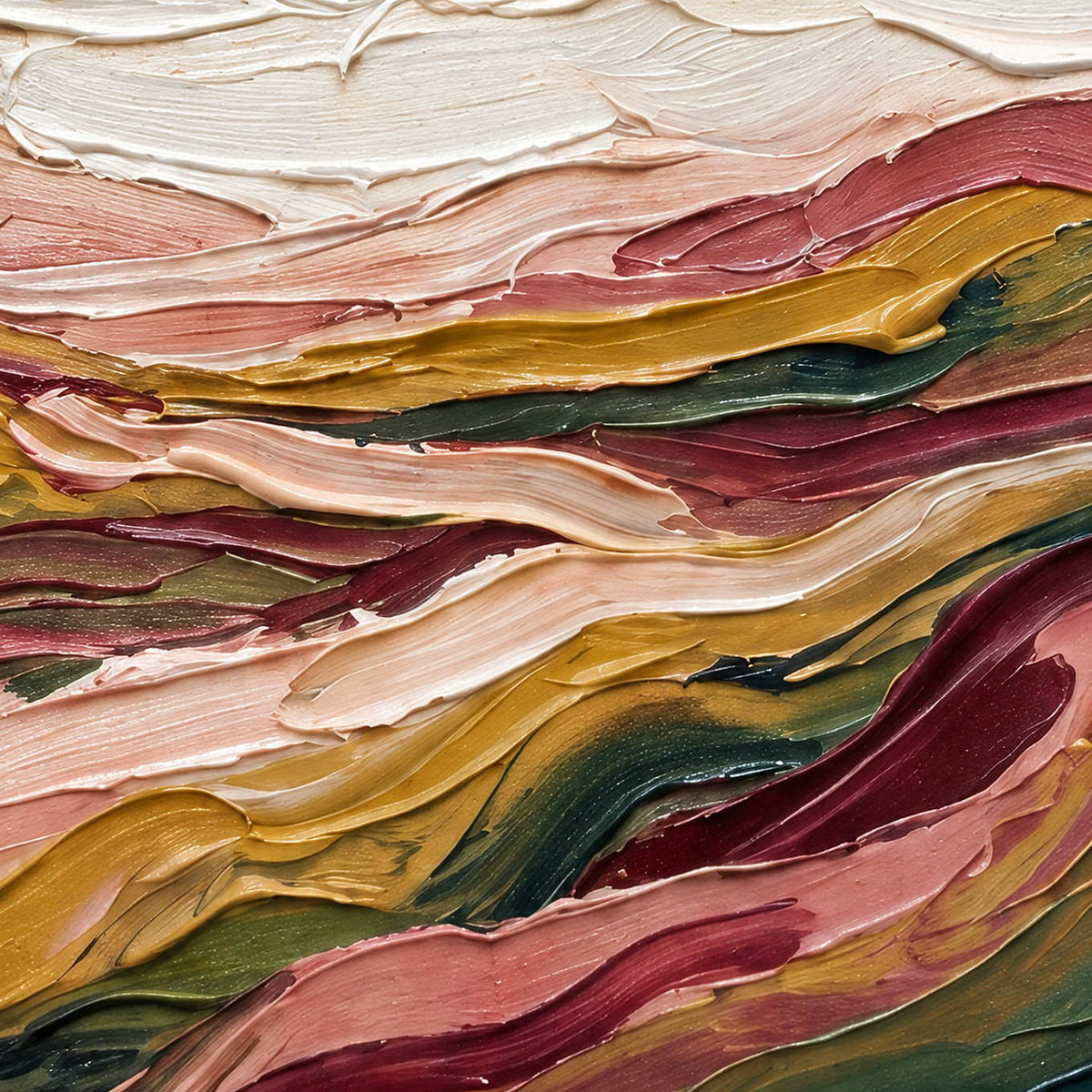 Close-up of Dreaming of the Hills showing flowing ridges of rose, ochre, cream and dark green paint.