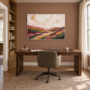 Dreaming of the Hills in a white frame above a dark wood desk and olive office chair against a warm brown wall.