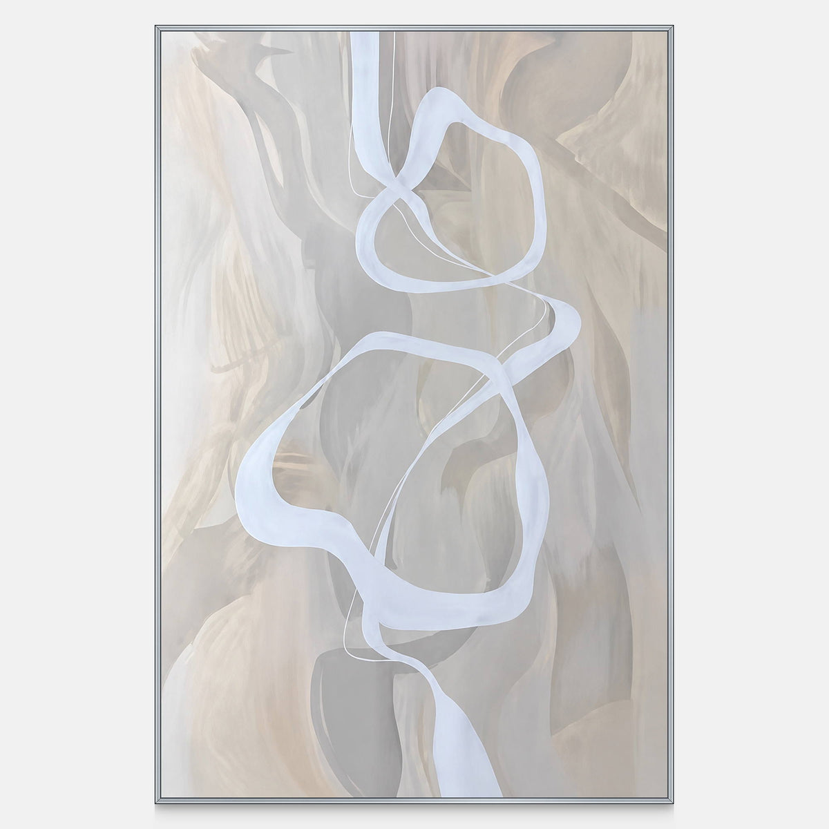 Vertical abstract artwork with flowing white ribbon curves over soft beige and gray layers.