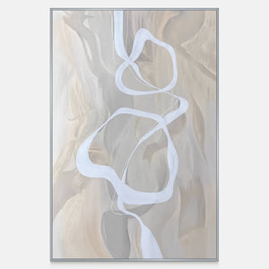 Vertical abstract artwork with flowing white ribbon curves over soft beige and gray layers.