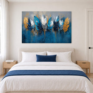 Blue, white and gold feathers against a deep blue and gray background without an outer frame, displayed above a bed.