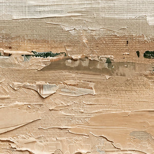 Close view of raised cream palette knife strokes with small dark green accents.