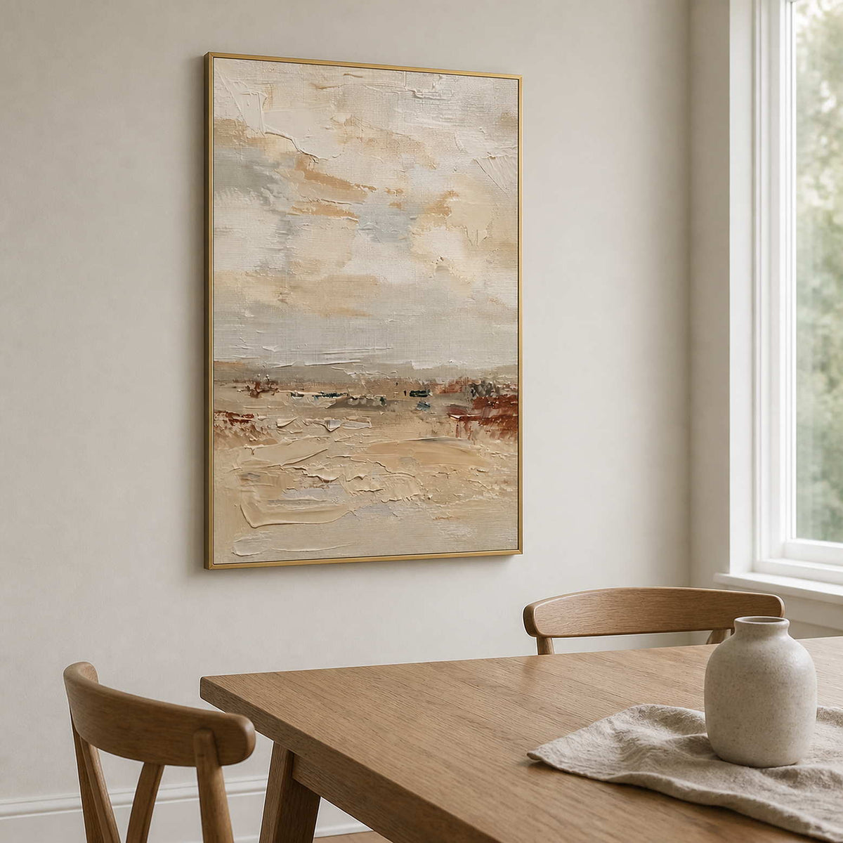 Gold framed pale landscape painting with creamy texture beside a wooden dining table.