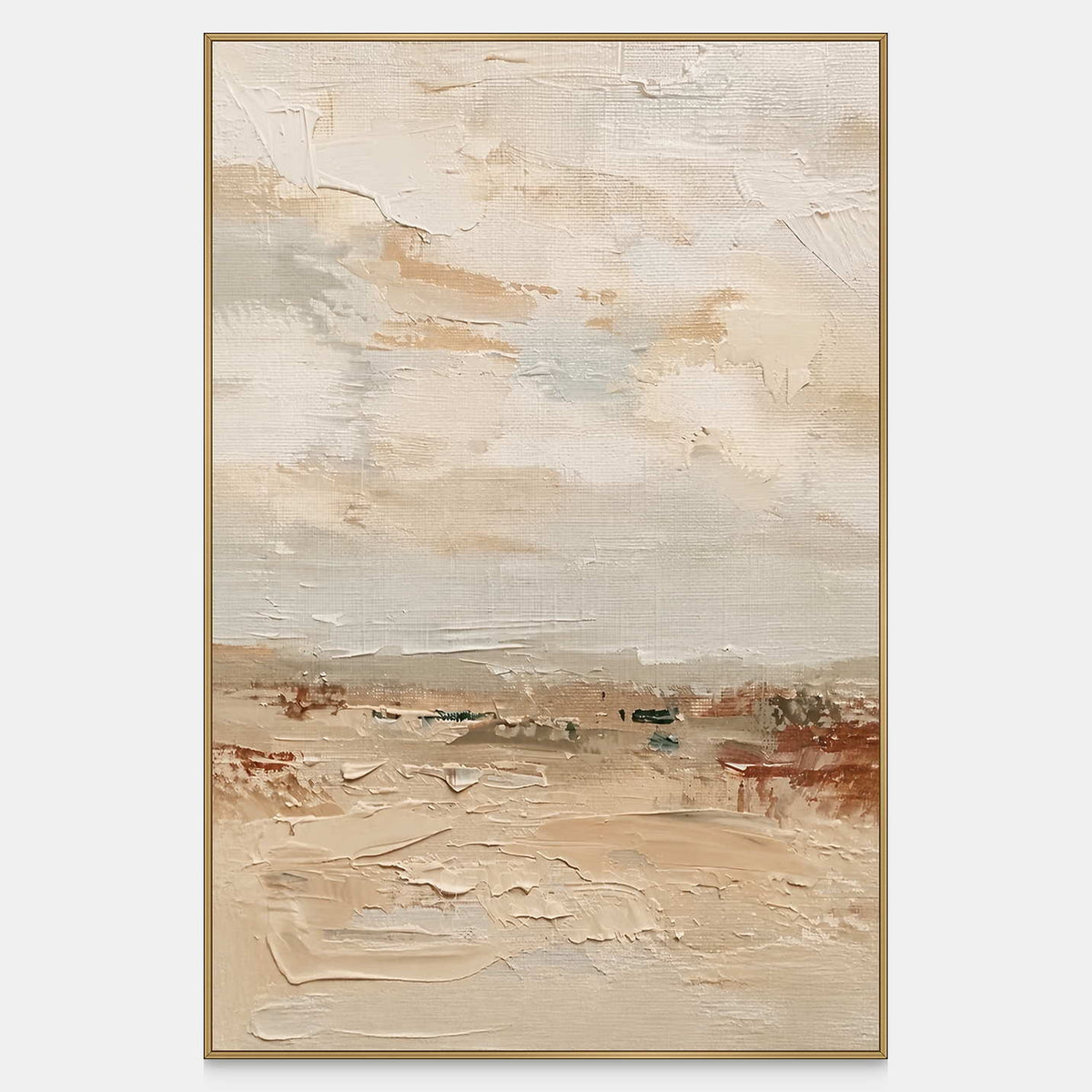 Vertical landscape painting with a pale sky, low horizon, and creamy raised strokes.