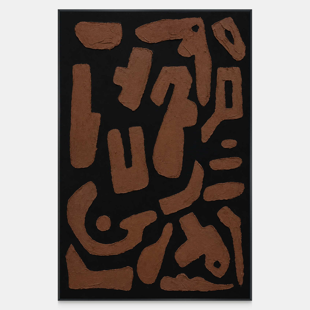 Vertical abstract painting with irregular rust brown shapes spaced across a black ground.