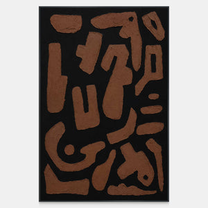 Vertical abstract painting with irregular rust brown shapes spaced across a black ground.