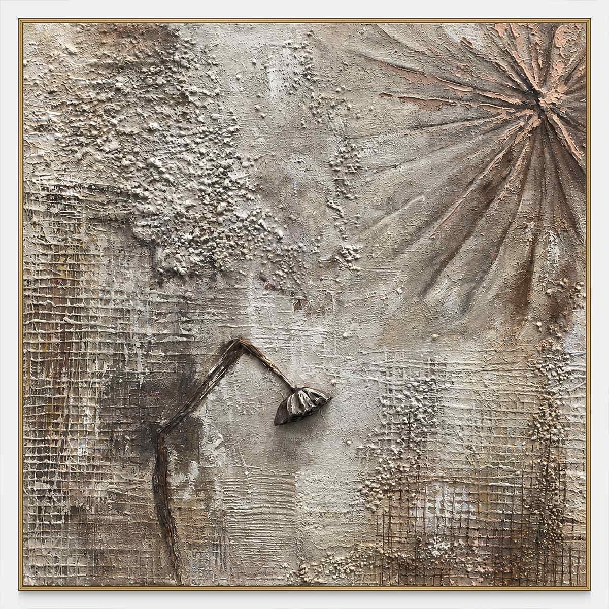 Front view of gray-beige grid textures, radiating grooves and a dark bent raised line, with a gold-colored frame.