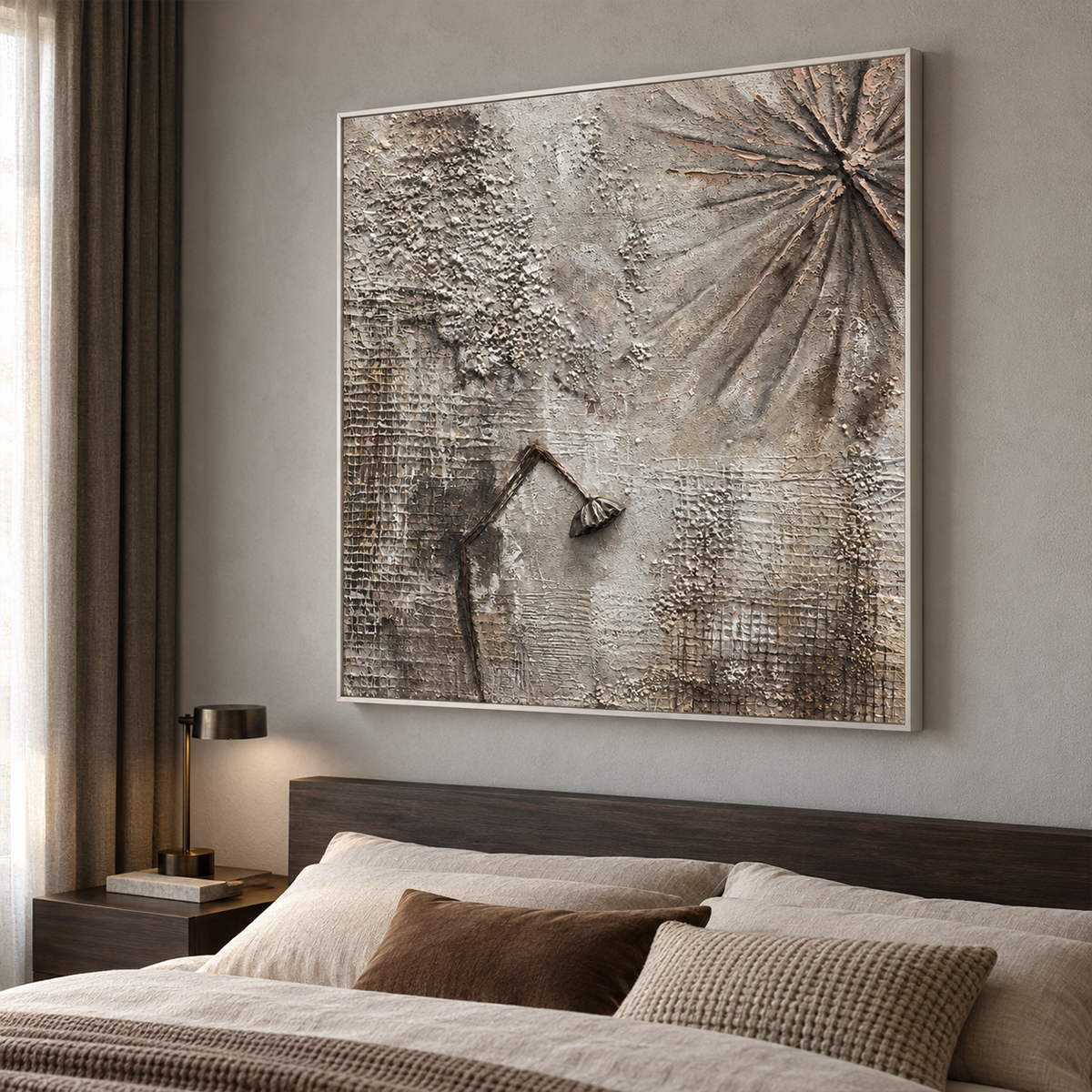 Artwork showing gray-beige grid textures, radiating grooves and a dark bent raised line in a bedroom near the bed, with a white frame.