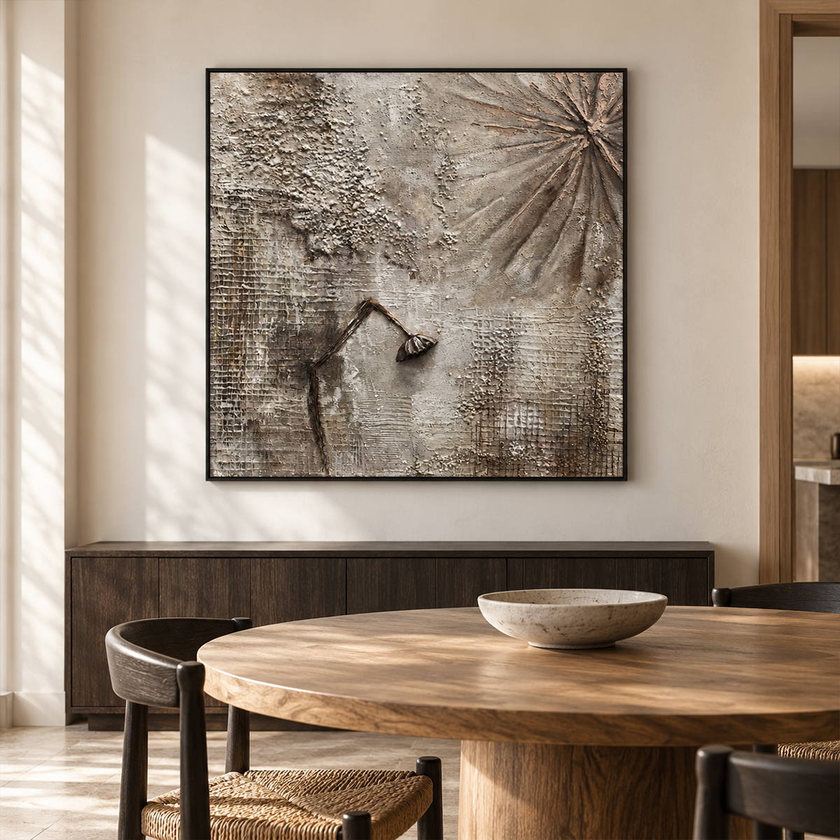 In a dining area beside the table, an artwork with a black frame shows gray-beige grid textures, radiating grooves and a dark bent raised line.