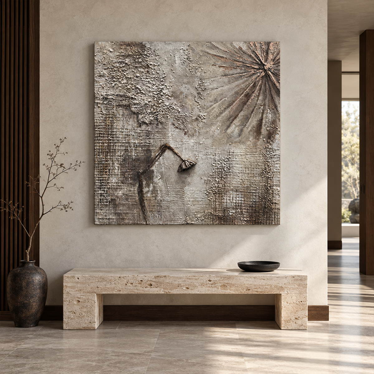Gray-beige grid textures, radiating grooves and a dark bent raised line in an artwork with no outer frame, displayed in an entryway above a console or bench.