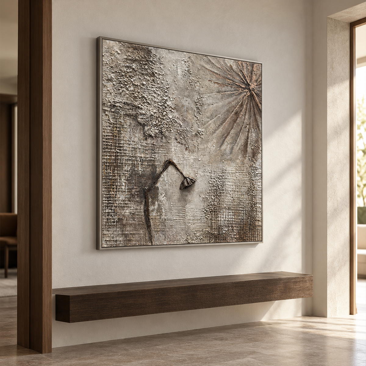 Gray-beige grid textures, radiating grooves and a dark bent raised line in an artwork with a silver-colored frame, displayed in a hallway above a bench.