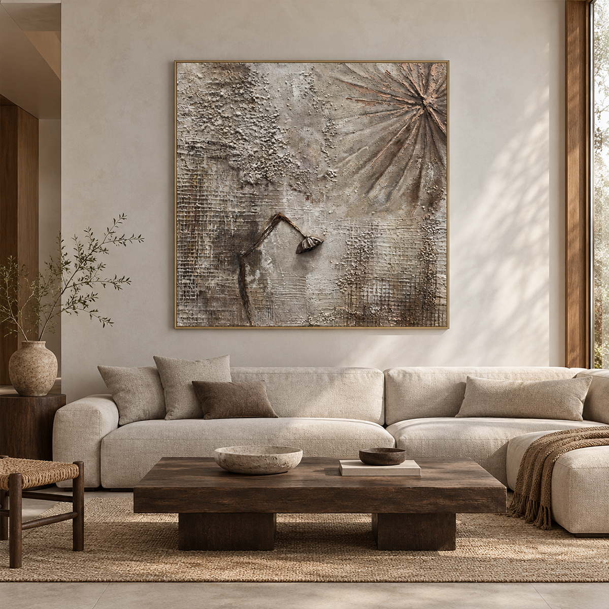 In a living room above seating, an artwork with a gold-colored frame shows gray-beige grid textures, radiating grooves and a dark bent raised line.