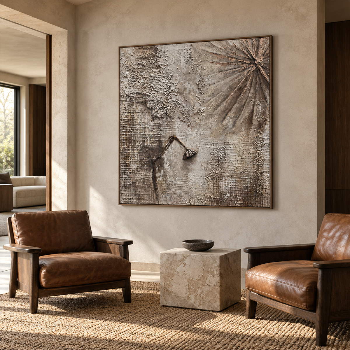 Artwork showing gray-beige grid textures, radiating grooves and a dark bent raised line in a seating area, with a brown wood-look frame.