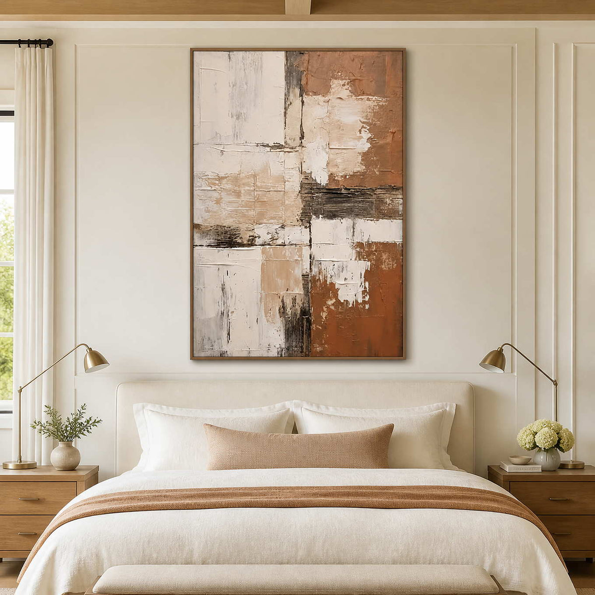 Wood-framed terracotta abstract wall art above an upholstered bed with cream linen.