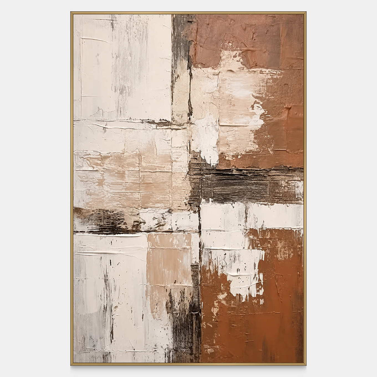 Vertical abstract wall art with terracotta patches, cream layers, and dark horizontal traces.