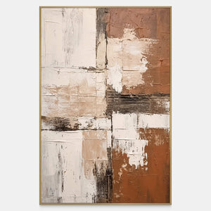 Vertical abstract wall art with terracotta patches, cream layers, and dark horizontal traces.
