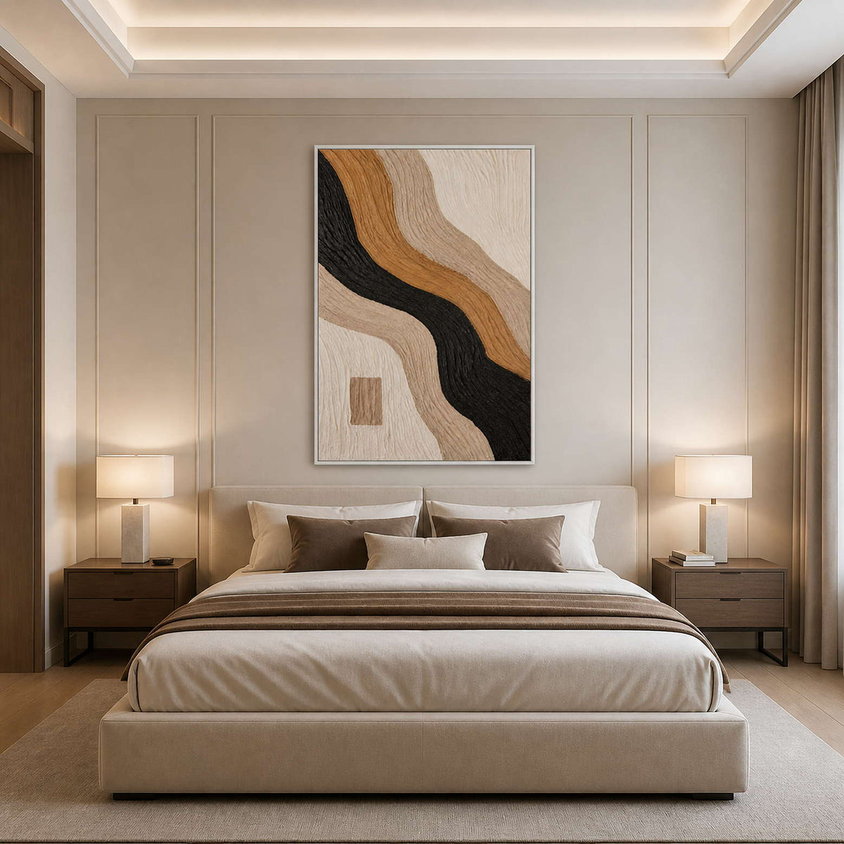Neutral textured abstract wall art above a refined bedroom bed in a white metal frame.