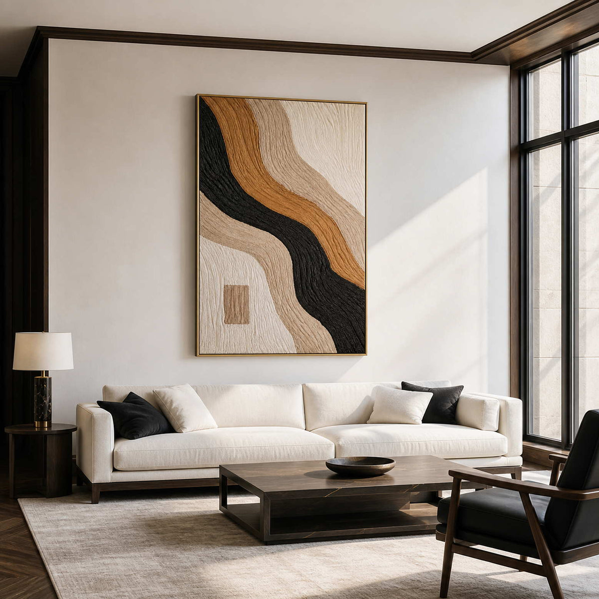 Earth Tones Bend Around Black wall art in a modern living room.
