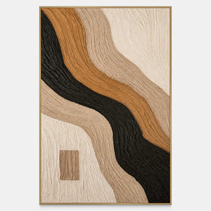Hand-painted textured abstract wall art in ivory, sand, warm ochre, and black with flowing contours.