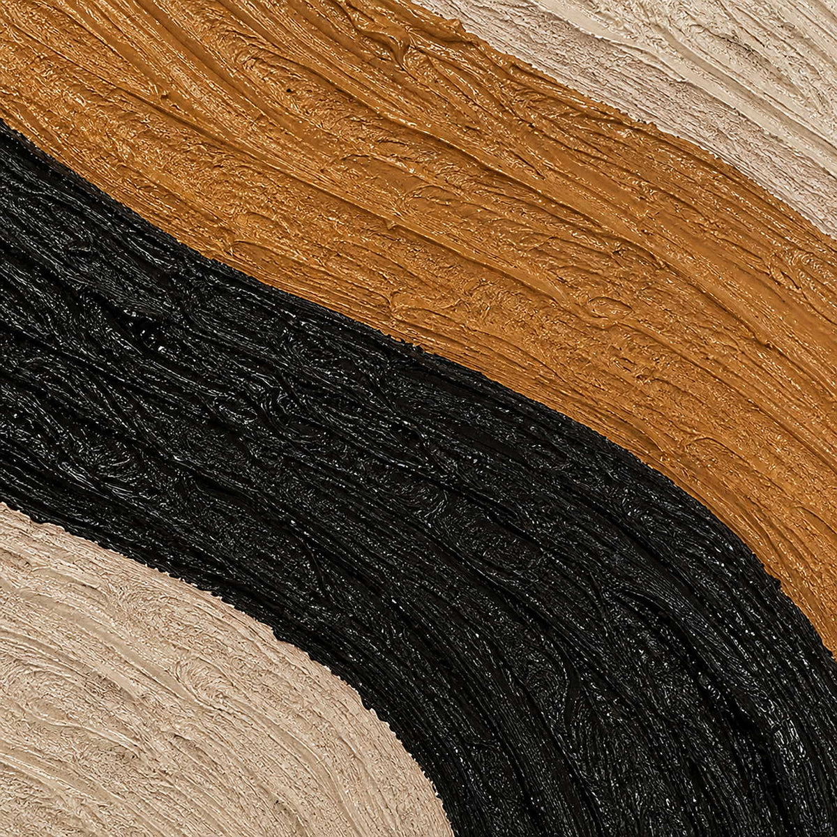 Close-up of the raised hand-painted texture in ochre, black, ivory, and sand tones.