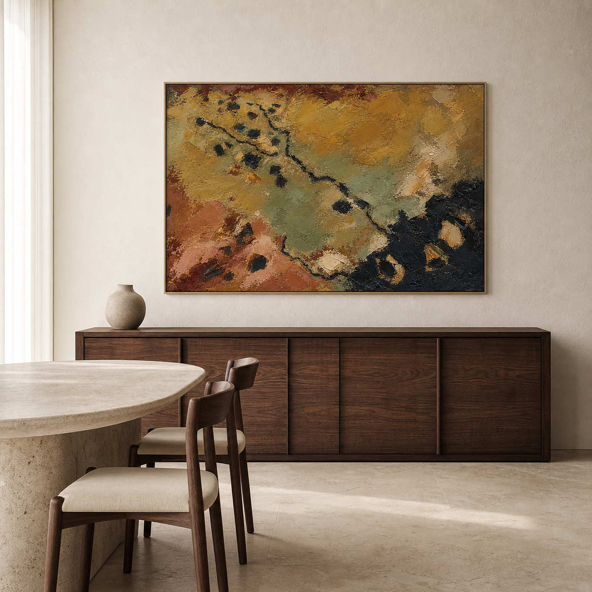 Textured Abstract Wall Art displayed in a refined dining room.