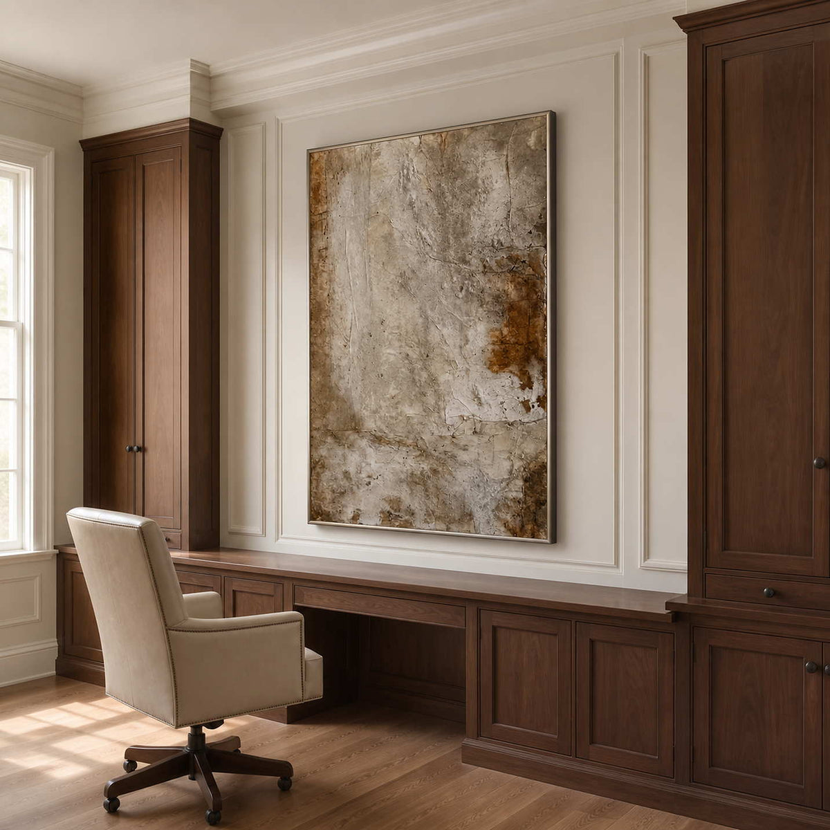 Silver framed warm gray abstract artwork above a walnut desk in a study.