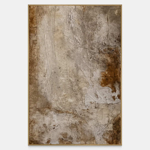Earth's Memory abstract artwork with warm gray layers, brown edges, and fine cracks.
