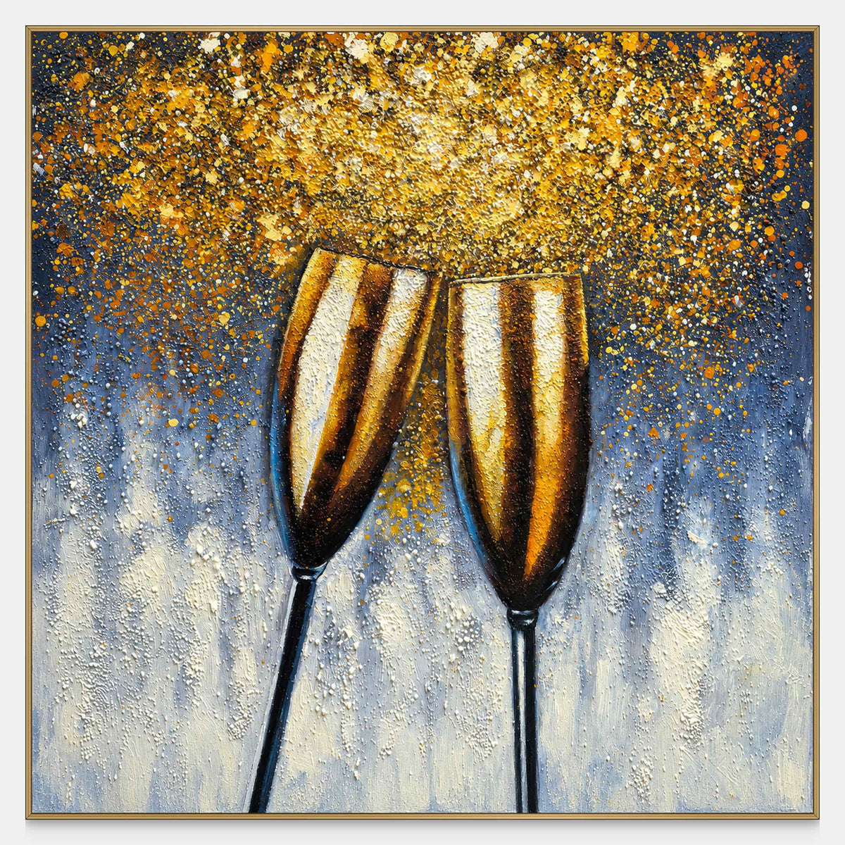 Front view of two golden champagne flutes leaning together beneath gold-colored speckles on blue gray, with a gold-colored frame.