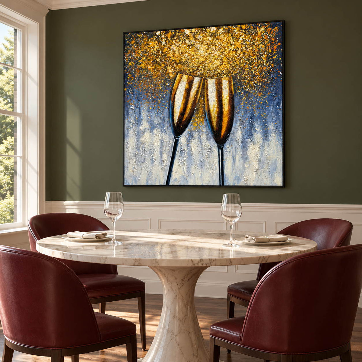 Two golden champagne flutes leaning together beneath gold-colored speckles on blue gray in an artwork with a black frame, displayed in a dining area beside the table.