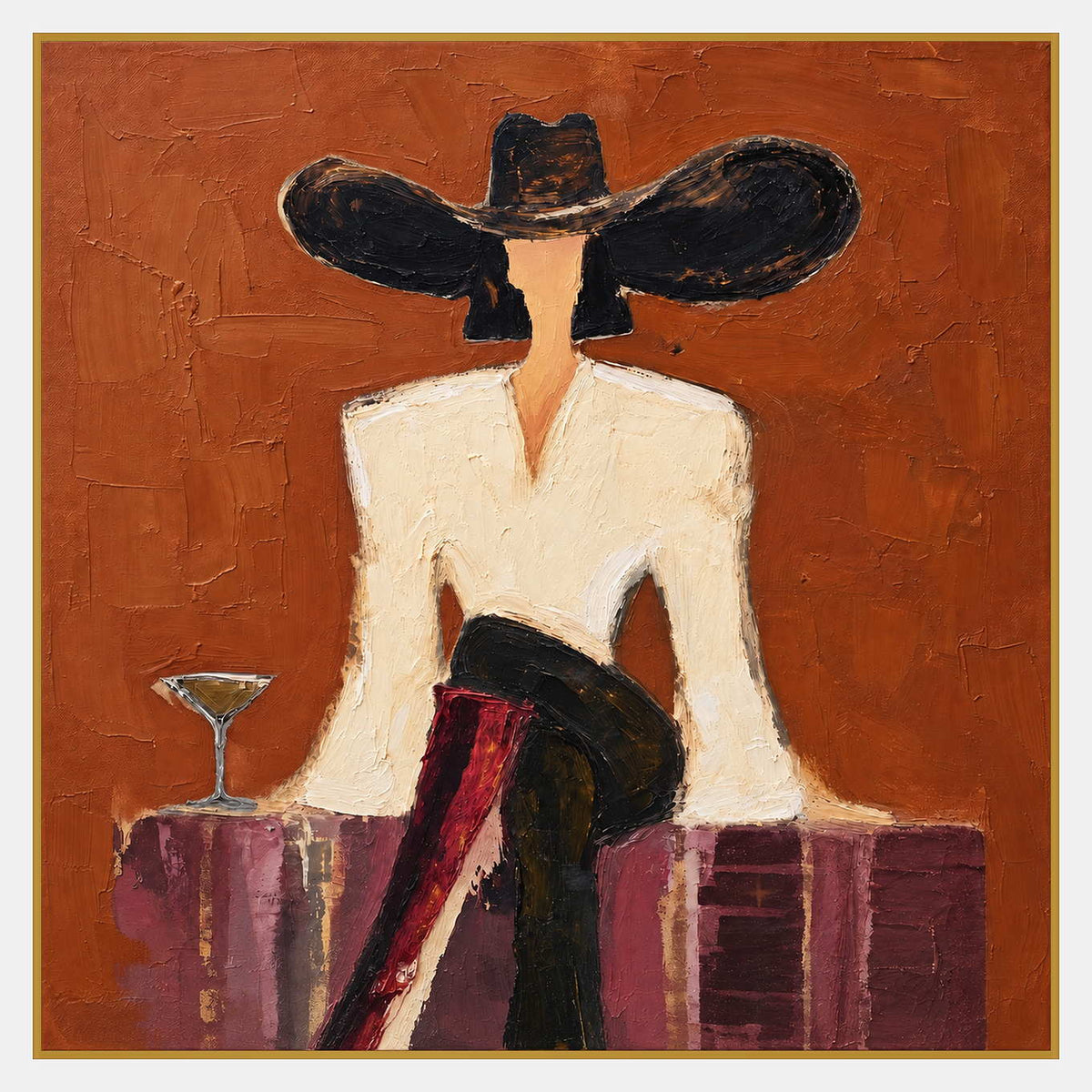 Seated figure in a broad black hat and cream jacket, with crossed legs, a red boot, and a glass against orange.