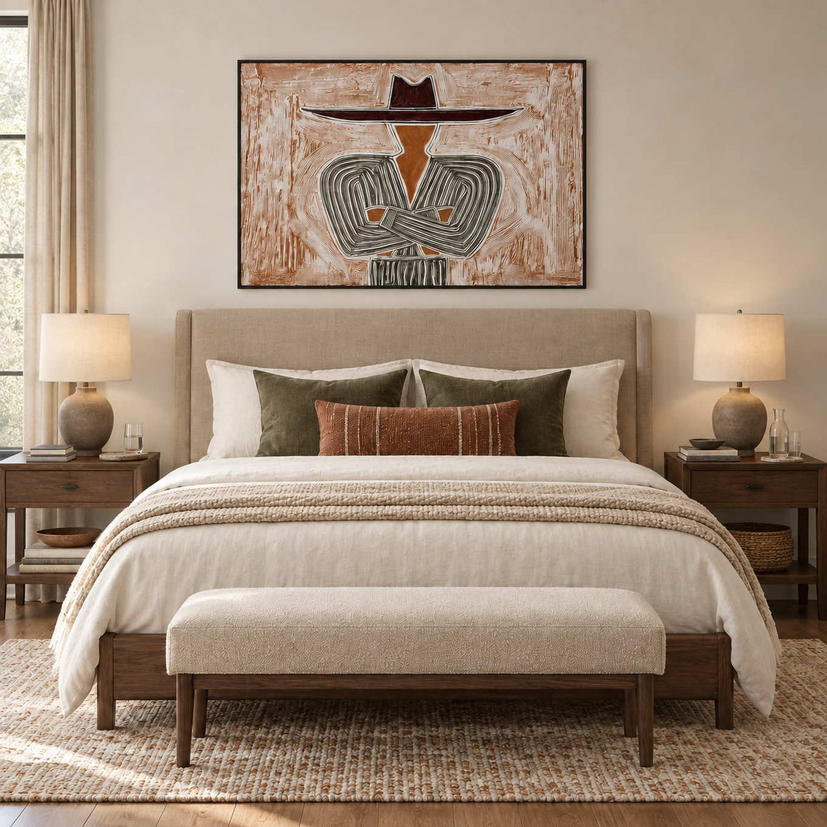 Effortless Poise in a black frame above a neutral bed with olive and rust cushions and an upholstered bench.