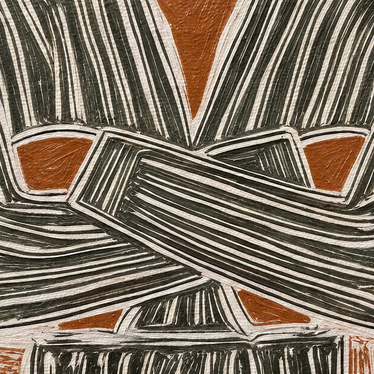 Close-up of Effortless Poise showing closely spaced cream contour lines around dark sleeves and folded arms.