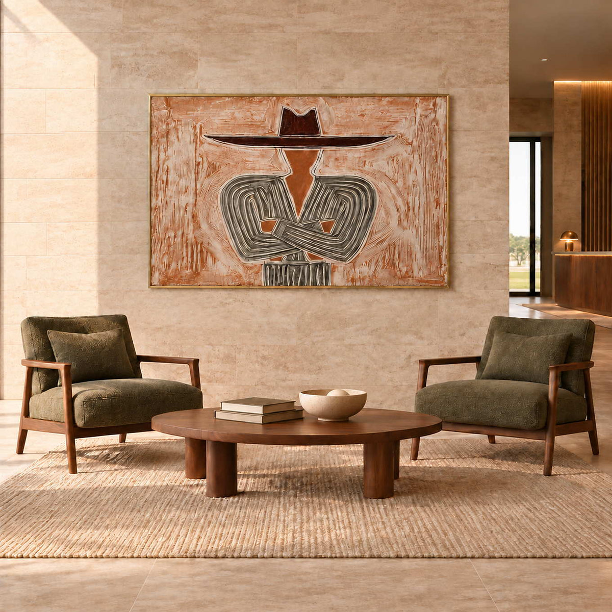 Effortless Poise in a gold frame above two olive armchairs and a low wood table in a commercial lobby.