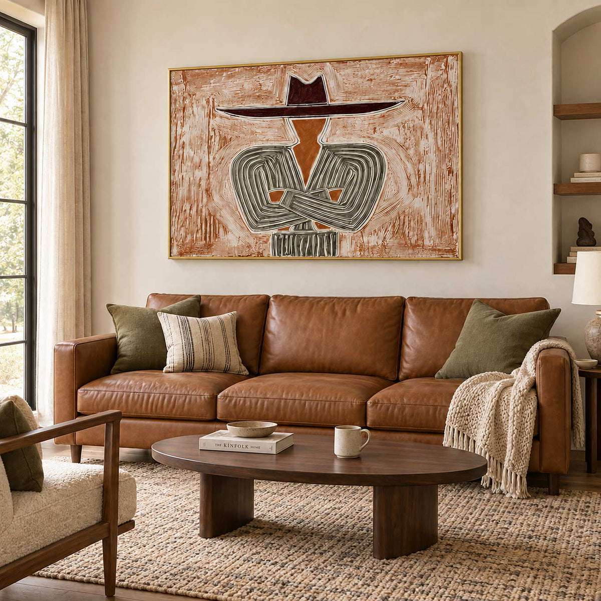 Effortless Poise in a gold frame above a brown leather sofa with olive and striped cushions.