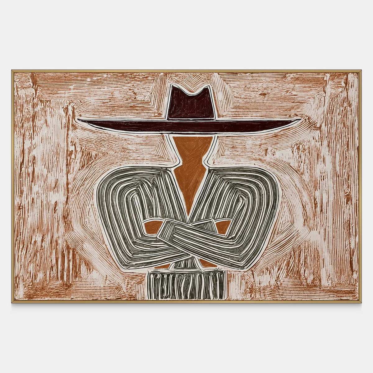 Front view of Effortless Poise, with a wide-brimmed hat and folded arms outlined in cream against warm rust tones.