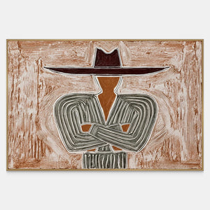 Front view of Effortless Poise, with a wide-brimmed hat and folded arms outlined in cream against warm rust tones.