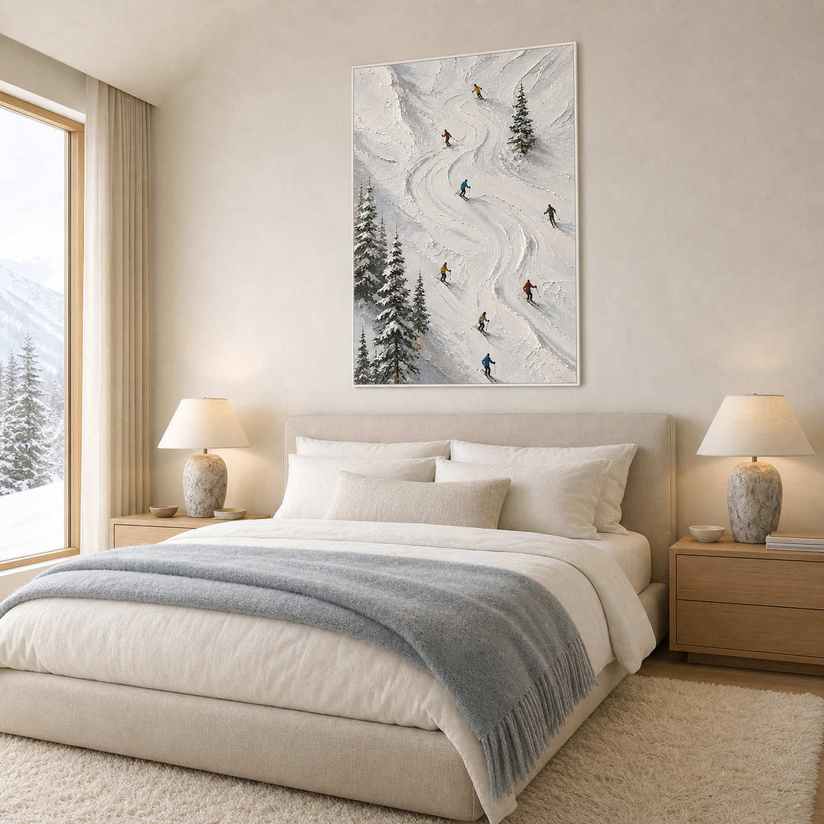 Quiet snowy mountain artwork above a serene contemporary bedroom.