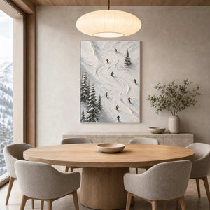 Vertical alpine skiing art displayed in a bright modern dining room.