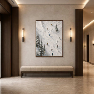Alpine skier artwork welcoming guests along a refined resort corridor.