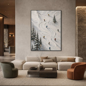 Large skiing wall art anchoring a contemporary alpine hotel lobby.