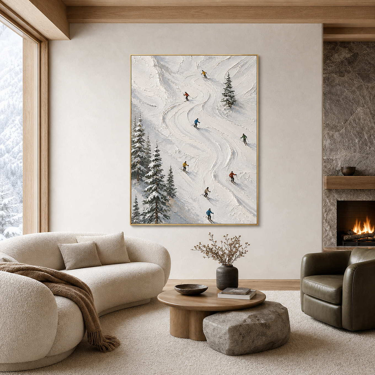 Textured skiing artwork above a warm alpine modern living room.