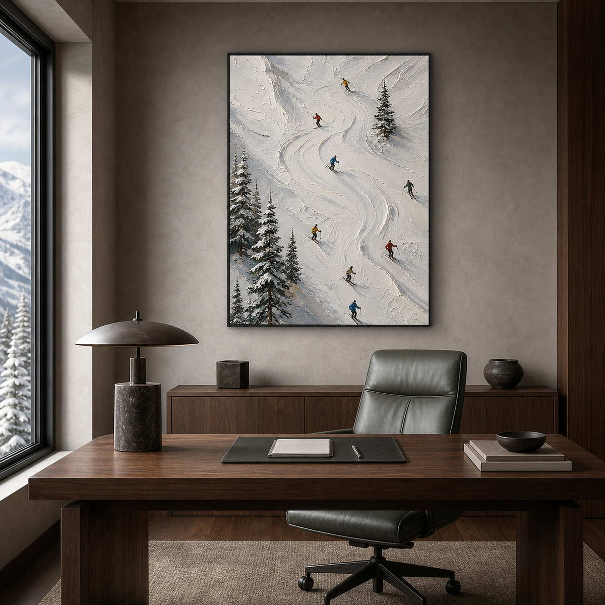 Textured ski slope painting in a sophisticated mountain office.