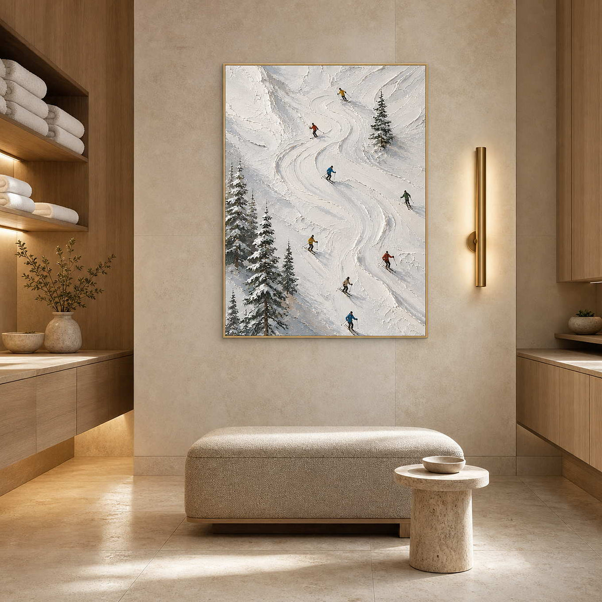 Snowy mountain artwork warming an elegant alpine hotel spa.
