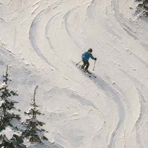 Close-up of skier figure and raised ivory palette-knife snow texture.