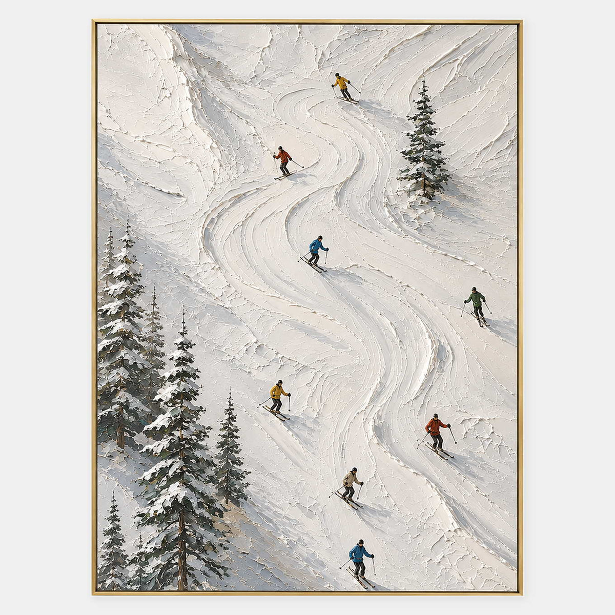 Eight colorful skiers carve through sculpted ivory mountain snow.